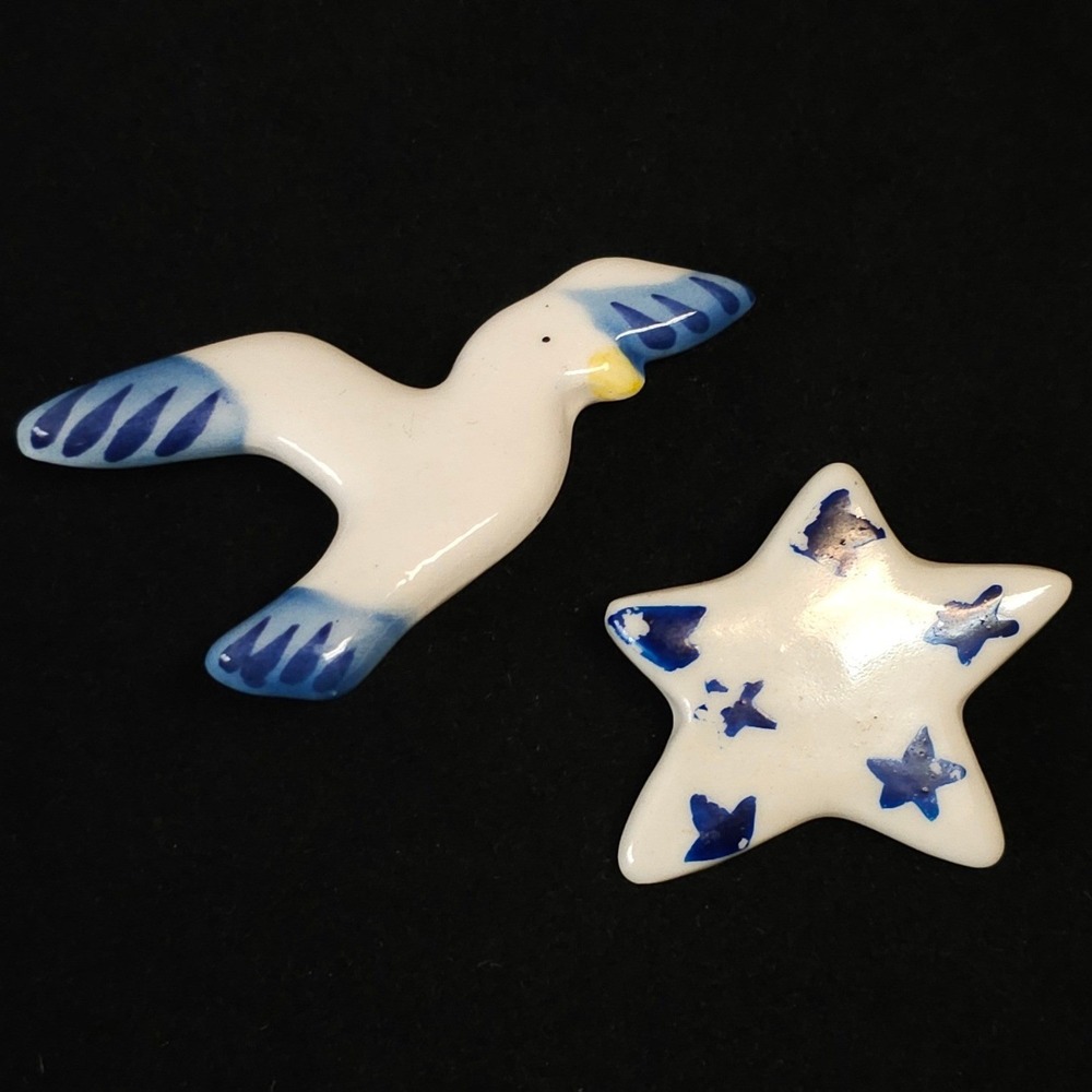 Vintageโ Ceramic Seagull Star Pin Set Blue White Nautical Coastal Hand Painted